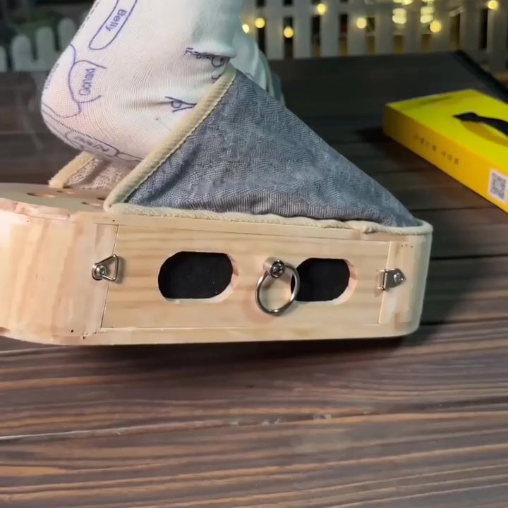 a socked foot slipping into the slipper